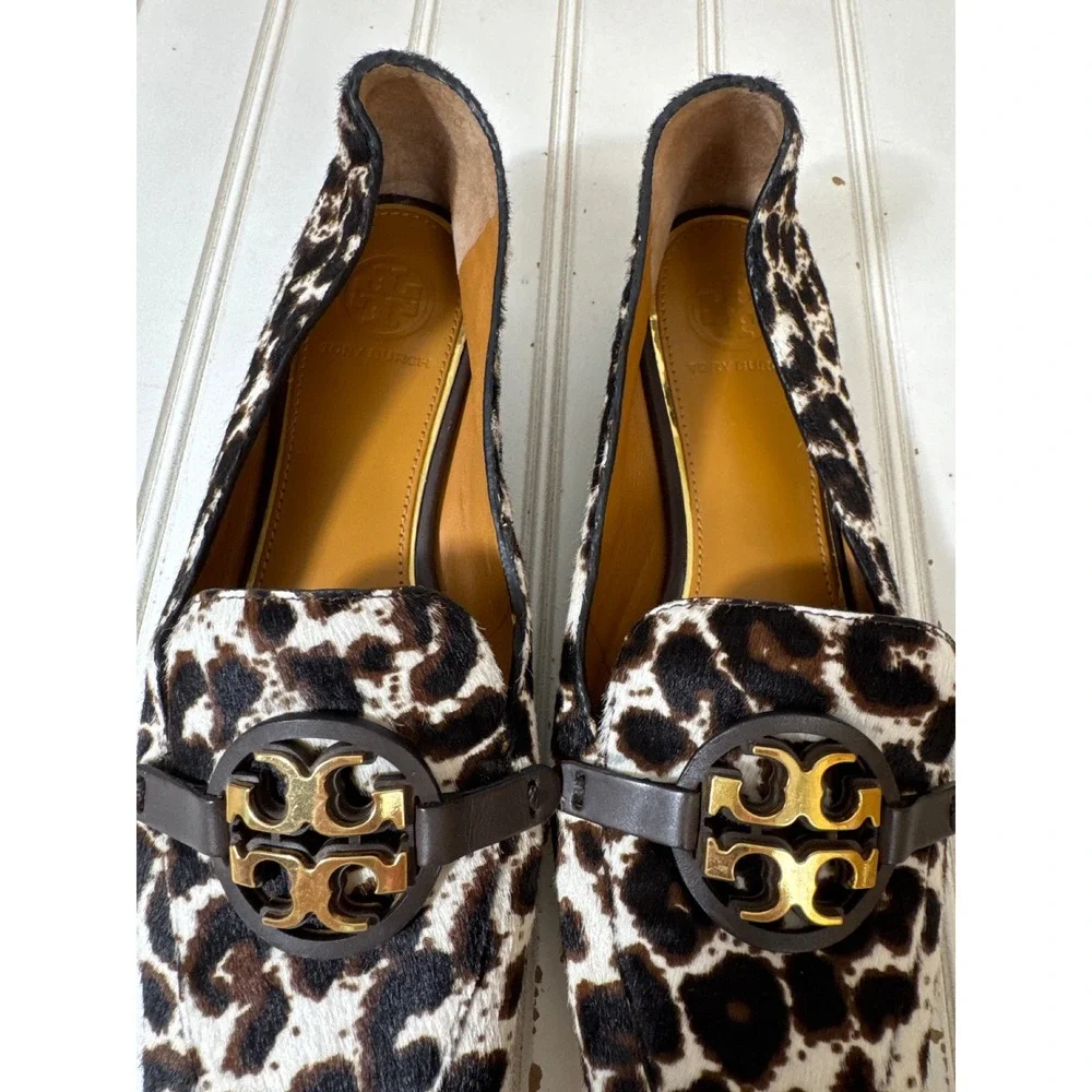 Tory Burch Metal Miller 15 mm Loafers Women 6M Brown Leopard Calf Hair Gold Logo